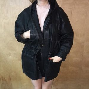 Vintage Hooded Leather Drawstring Coat M
